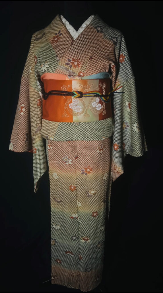 総絞りの小紋の柄アップ（絞りの粒と草花文様、斜めぼかし）