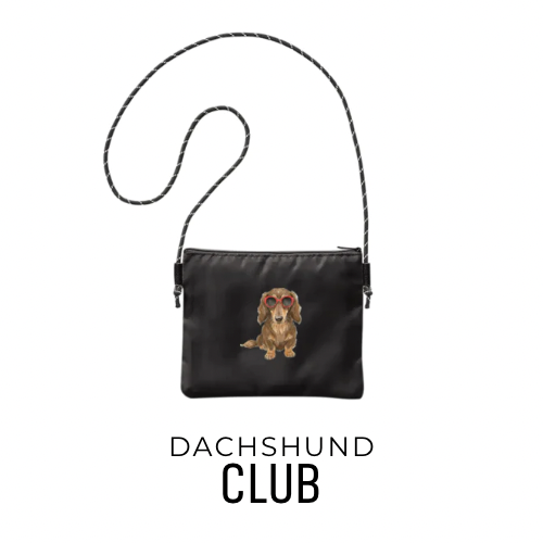 赤いサングラスをかけたダックスのイラストをワンポイント印刷した黒サコッシュ（SUNGLASSES RUU）