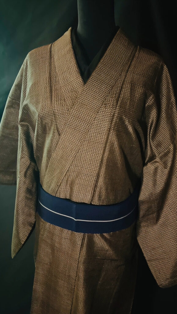 細かな織り柄が分かる大島紬の胸元と帯まわり