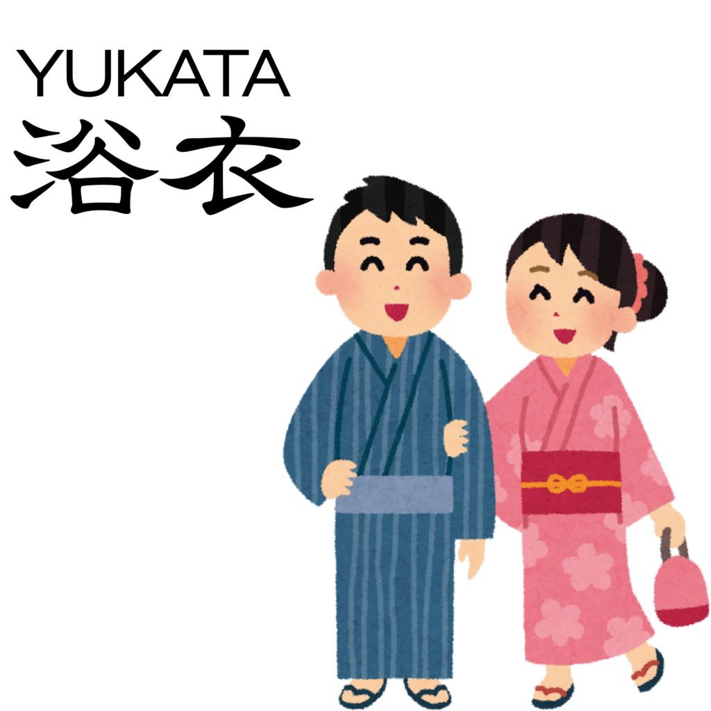 Illustration of a couple wearing Japanese yukata, labeled “Yukata” (浴衣)