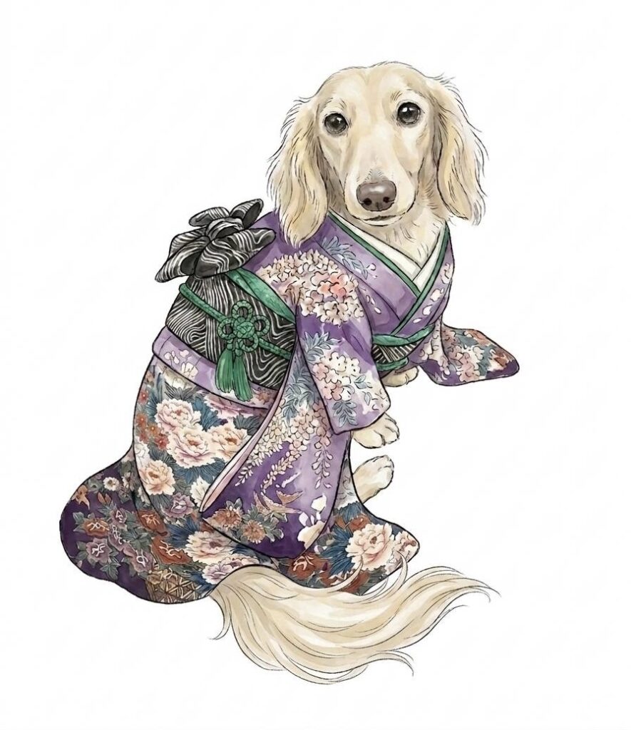 Dachshund wearing a furisode kimono illustration, inspired by traditional Japanese culture