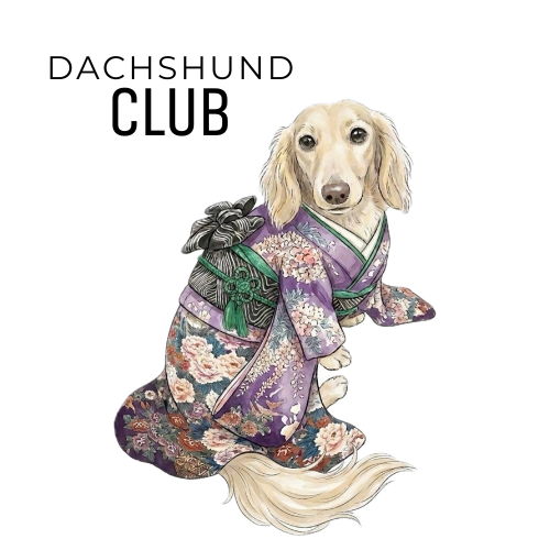 Dachshund wearing a furisode kimono illustration, inspired by traditional Japanese culture