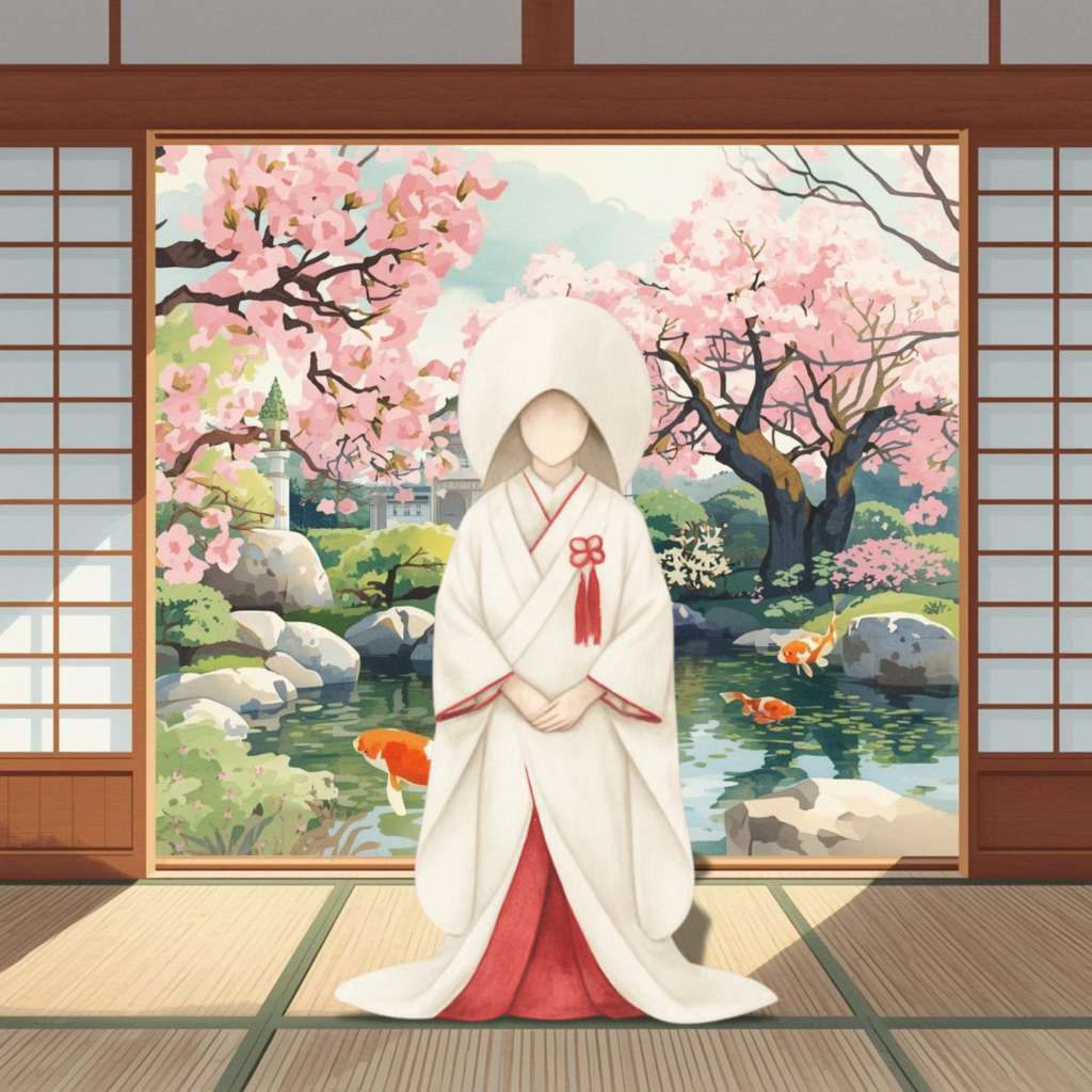 Traditional white kimono meaning in Japan, symbolizing purity and sacred rituals, with cherry blossoms and koi fish in a serene Japanese setting

