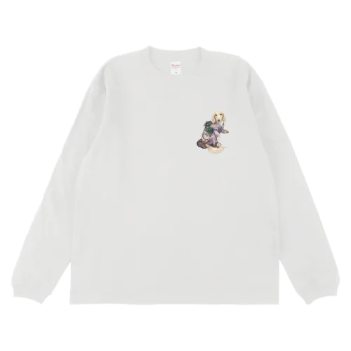 振袖姿のダックスフンドを胸元にあしらった白色の長袖Tシャツ