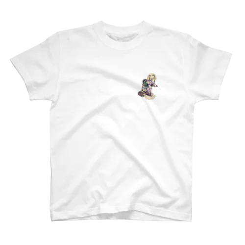 White T-shirt with a one-point Kimono Dog illustration inspired by a grandmother’s kimono collection