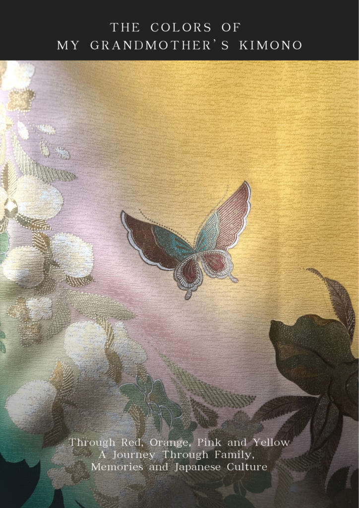 Digital book cover featuring vintage Japanese kimono in red, orange, pink, and yellow colors from the author's grandmother's kimono collection.