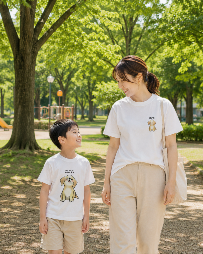 OJOの親子リンクコーデTシャツを着て公園を歩く親子。キッズ服と親子ファッションのイメージ写真