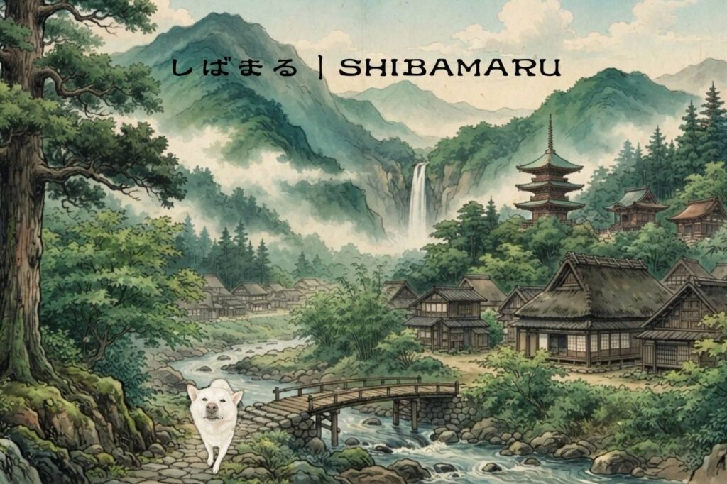 日本画風の山村を歩く白柴「しばまる」。清流や古民家、五重塔が広がる日本の美しい風景を描いたSHIBAMARUコレクション。