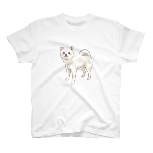 OJO FriendsシリーズのホワイトTシャツ。やさしい表情の白柴しばまるをワンポイントでデザインしたシンプルな一枚。