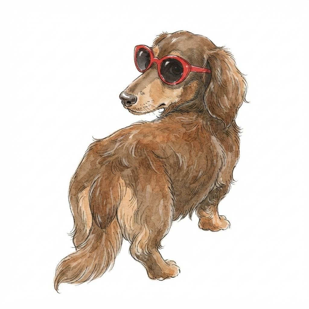 赤いサングラスをかけて振り返るチョコタンのミニチュアダックス・ルーちゃんを描いたSUNGLASSES RUUのイラスト