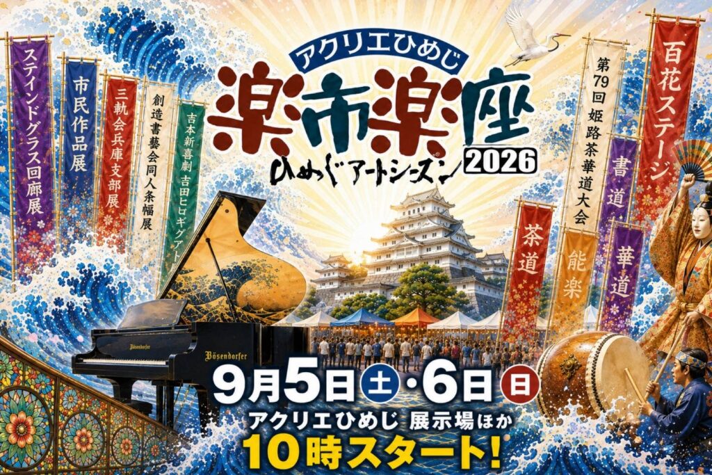 アクリエひめじ「楽市楽座2026 城下町マルシェ」のイベントビジュアル。姫路城を背景に開催日や会場情報が掲載された告知画像。