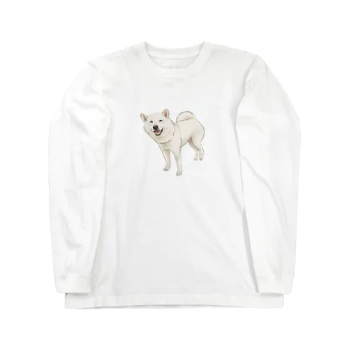 笑顔で立つ白柴しばまるを中央に描いた、白色のSHIBAMARU BASICロングTシャツ