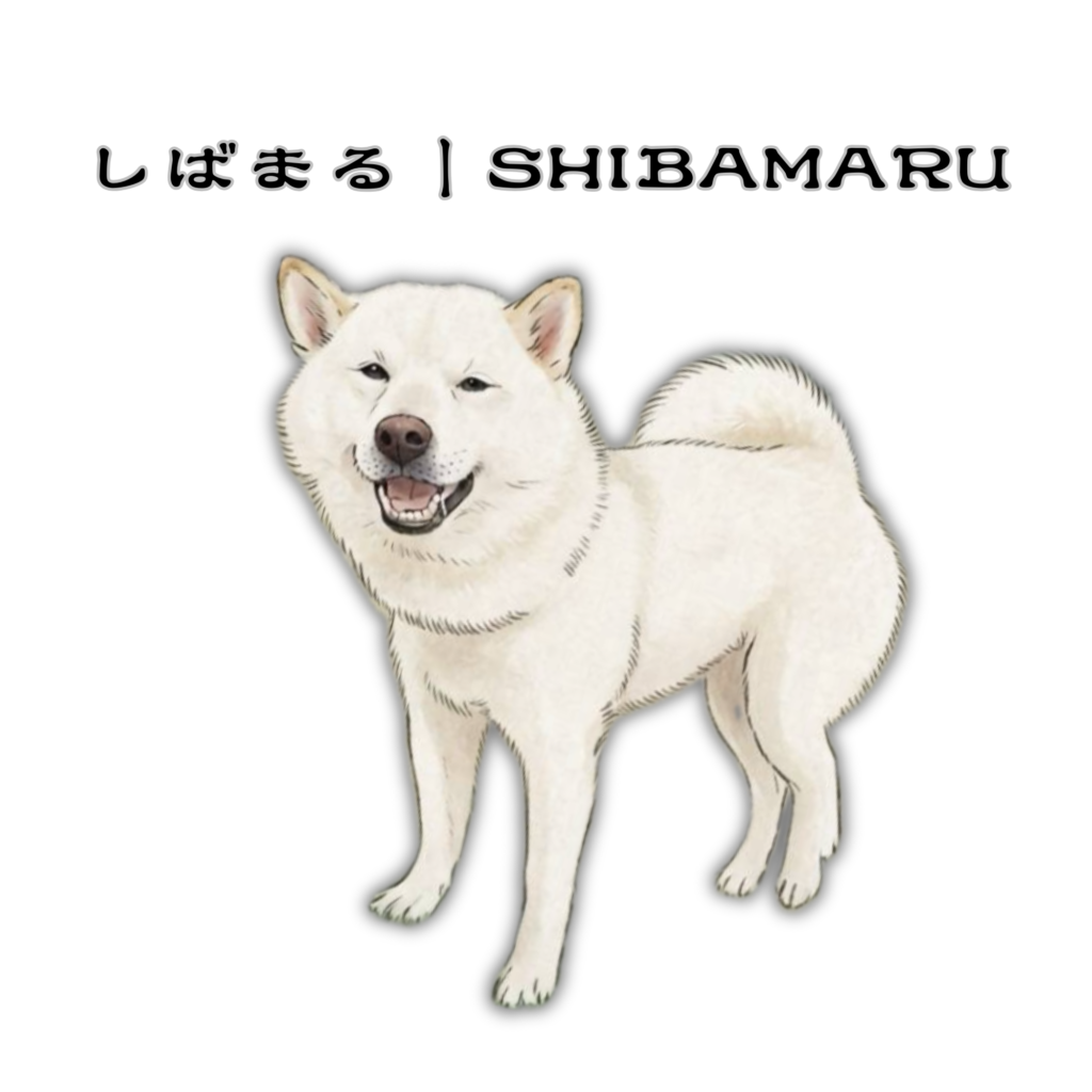 日本画風の白柴ブランド「SHIBAMARU」のアイキャッチ画像。日本の山々や古民家、川など四季折々の風景を旅する白柴「しばまる」を描いたブランドビジュアル。