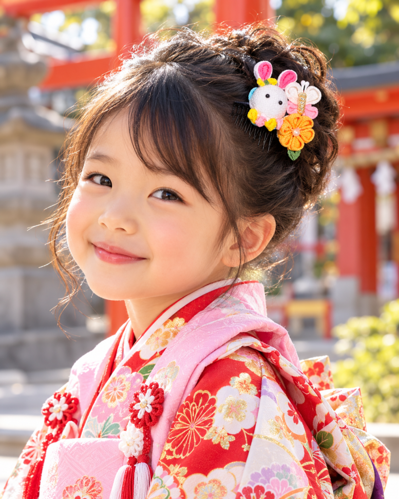 七五三の着物にうさぎと蝶のつまみ細工髪飾り「花うさぎ」を合わせたAI着用イメージ