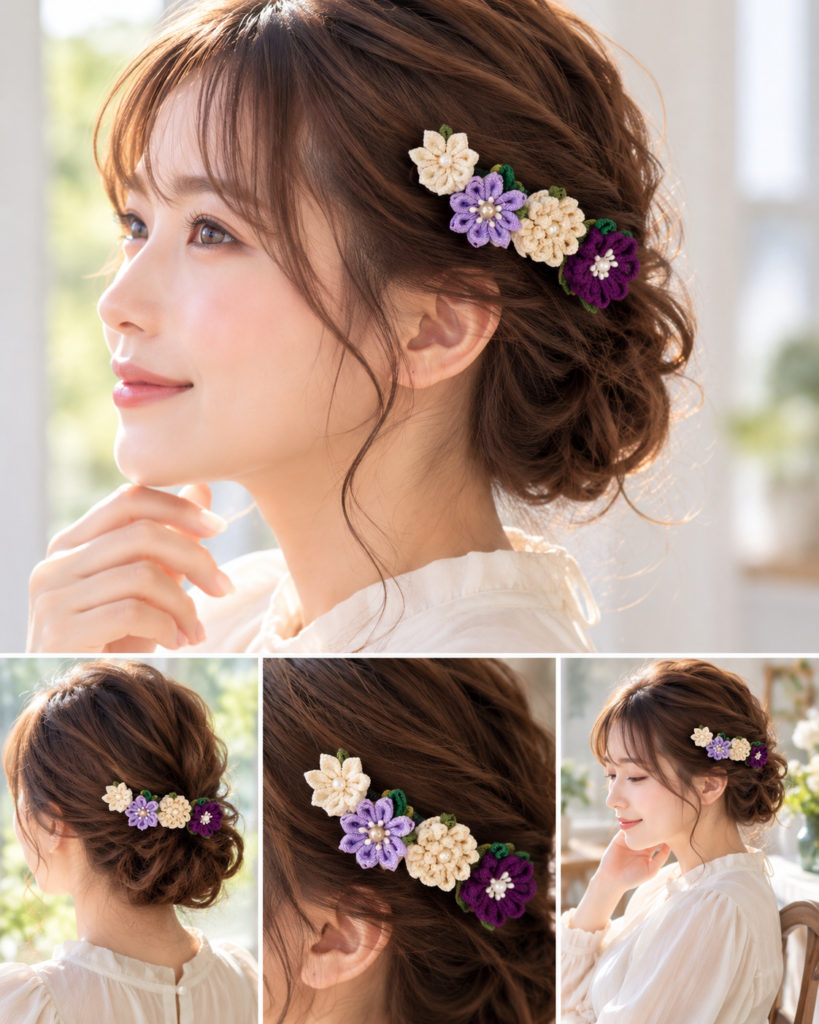 紫と生成りのつまみ細工バレッタ「彩花」を洋服に合わせたAI着用イメージ