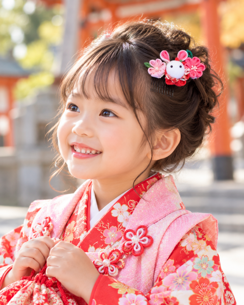 七五三の着物に花うさぎのつまみ細工髪飾りを合わせたAI着用イメージ