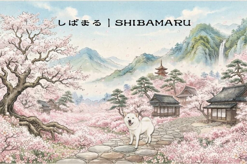 満開の桜、山、滝、五重塔、古い町並みが広がる日本画風の春景色の中を、白柴しばまるが歩くSHIBAMARU 日本画コレクション「桜霞の里」のイラスト