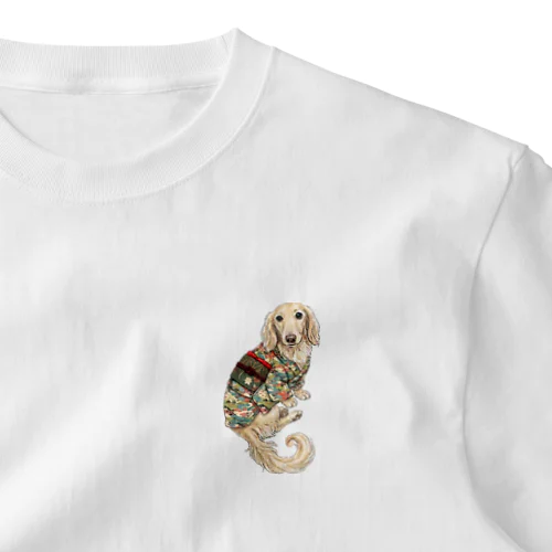 White T-shirt featuring original Japanese kimono dachshund art designed in Japan