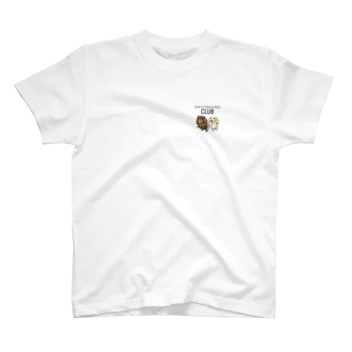 White T-shirt featuring a small watercolor illustration of two miniature dachshunds and the DACHSHUND CLUB logo