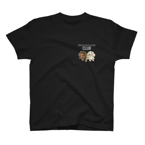 Black T-shirt featuring a small watercolor illustration of two miniature dachshunds and the DACHSHUND CLUB logo