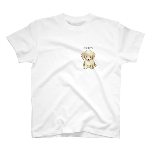 White one-point T-shirt featuring a small sitting OJO puppy character