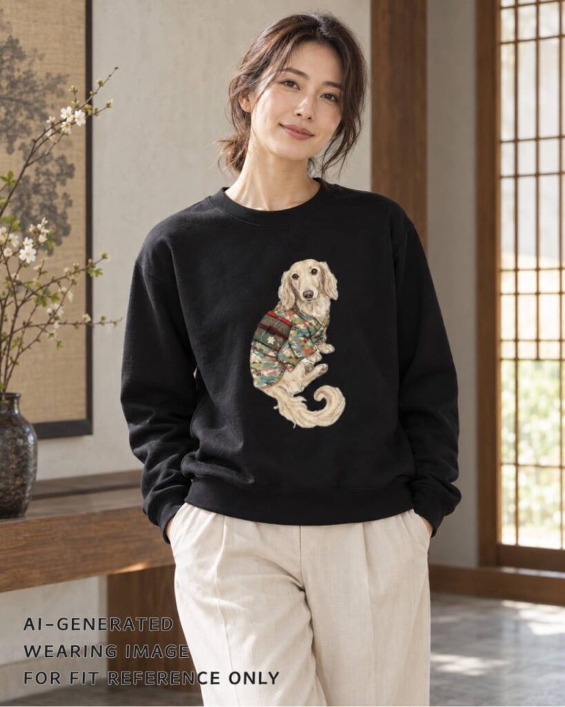 AI-generated image of a woman wearing a black sweatshirt with a Japanese kimono dachshund design