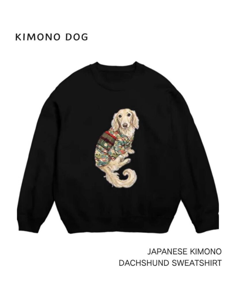Black sweatshirt featuring a cream dachshund in a Japanese kimono from the Kimono Dog collection