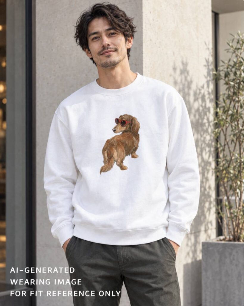 AI-generated image of a man wearing a white sweatshirt with a sunglasses dachshund design