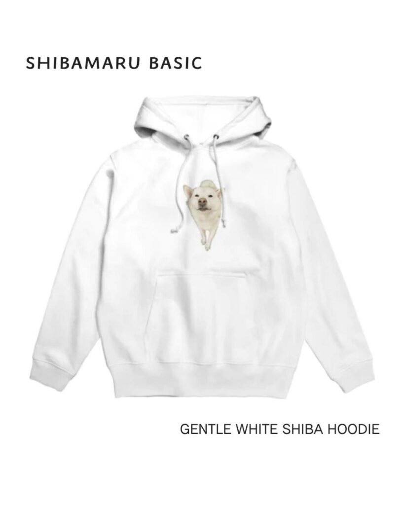 White SHIBAMARU BASIC hoodie featuring a gentle white Shiba Inu illustration on the chest