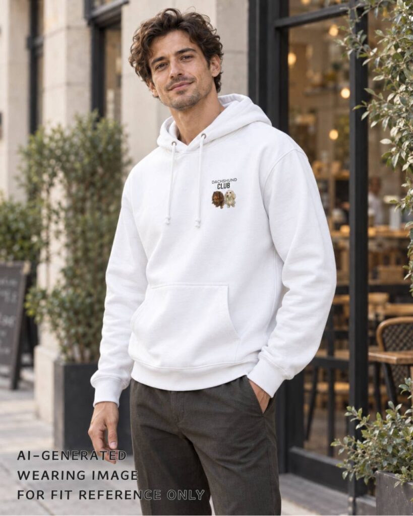 AI-generated image of a man wearing a white hoodie with a subtle two-dachshund chest design