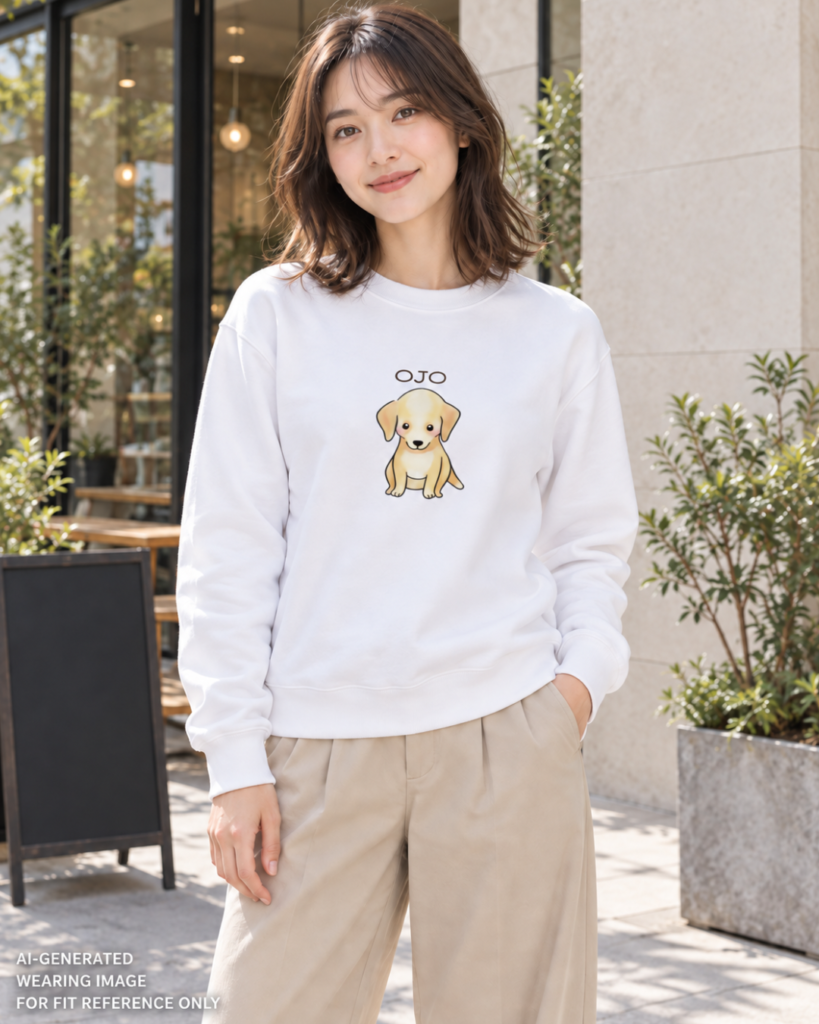 AI-generated female model wearing a white OJO puppy sweatshirt in size M with beige trousers
