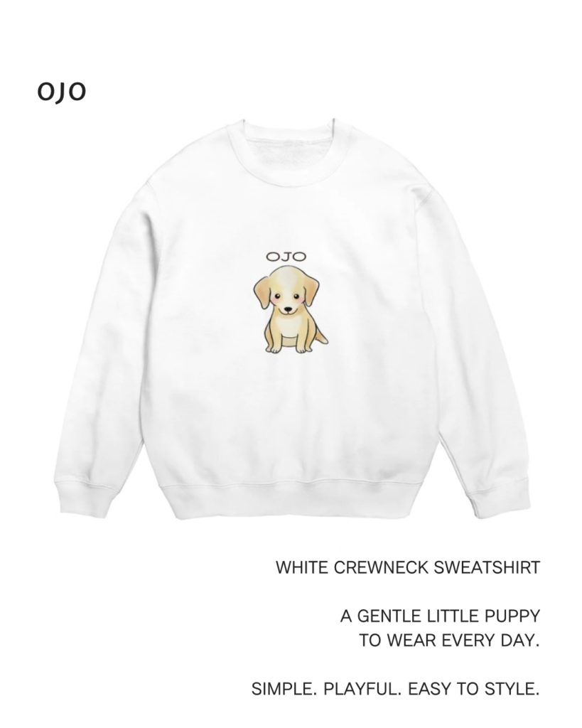 White OJO puppy crewneck sweatshirt with a large cream dog graphic designed in Japan