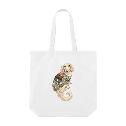 White tote bag featuring a cream dachshund wearing my grandmother’s deep green kimono