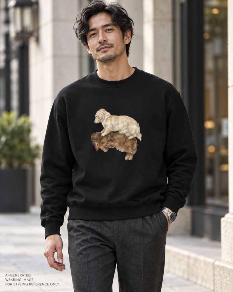 AI-generated styling image of a man wearing a black Napping Dachshunds sweatshirt with charcoal trousers and a silver watch on a city street.