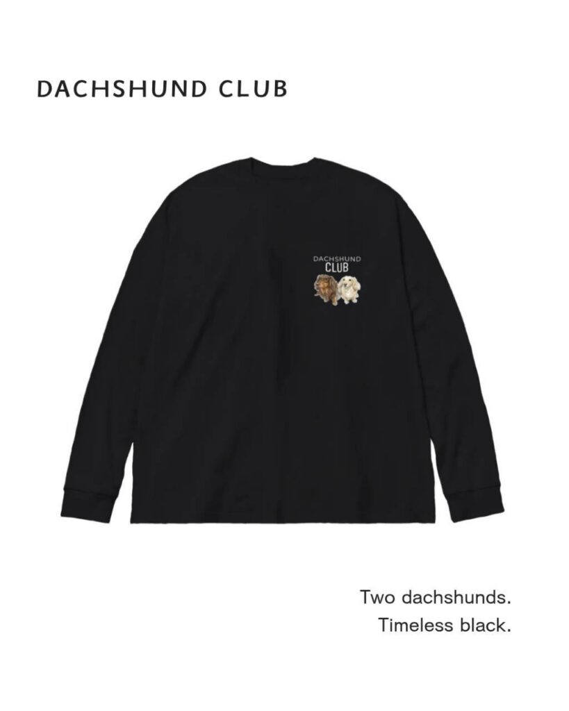 Black oversized long-sleeve T-shirt with a small DACHSHUND CLUB logo and two dachshunds on the chest