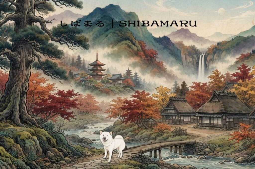白柴しばまるが、紅葉に染まる山々、五重塔、滝、茅葺きの家が広がる日本の秋景色を歩く日本画風デザイン「紅葉の里」