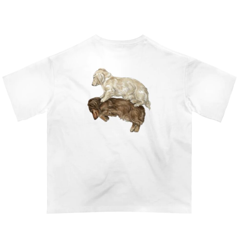 Back view of a white oversized DACHSHUND CLUB T-shirt featuring a cream dachshund resting over a brown dachshund.