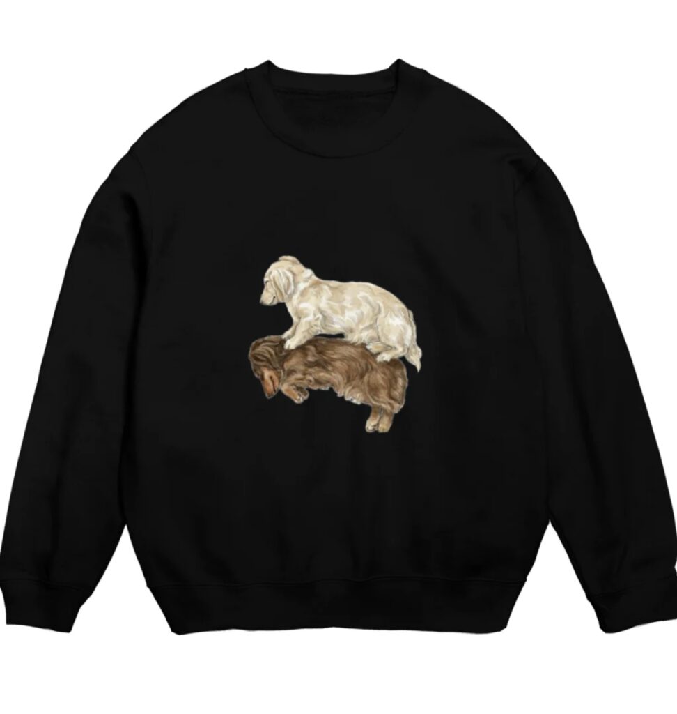 Black DACHSHUND CLUB crewneck sweatshirt with a watercolor illustration of two napping dachshunds printed at the center front.